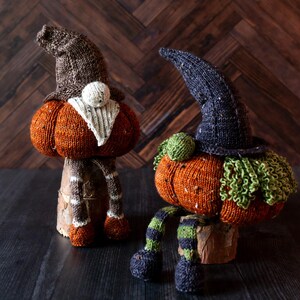 Könnte beinhalten: Zwei gestrickte Halloween-Wichtel-Dekorationen. Einer hat einen braunen Hut und einen weißen Bart, der andere einen schwarzen Hexenhut und grüne Haare. Beide haben orangefarbene Kürbiskörper und stehen auf Holzsockeln.