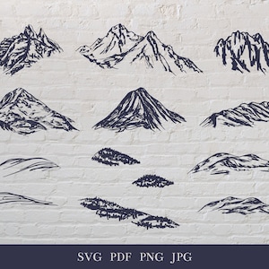 May include: A set of 12 hand-drawn mountain illustrations in black and white. The mountains are drawn in a variety of styles, from simple outlines to more detailed sketches. The illustrations are perfect for use in a variety of projects, such as invitations, cards, and website designs.