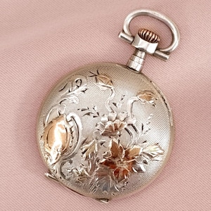 Antique Shaker Locket Tourmaline Rose Quartz Pendant Silver Case Two Tone Gold Floral Engraving Victorian Hair Locket Gift for Her 19th ct