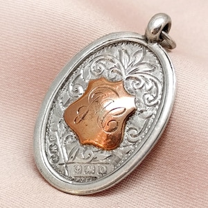 Elegant Antique Edwardian Classic British Silver Watch Fob Medal Pendant Rose Gold Shield Cartouche Applique Heraldic Gift Idea Him Her 1913