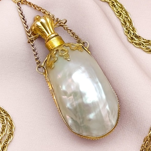 Seductive Victorian French Mother of Pearl Chatelaine Perfume Bottle Pendant Necklace Gold Tone Brass Cap Crown Bottle Vinaigrette 19th ct