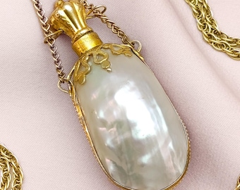 Seductive Victorian French Mother of Pearl Chatelaine Perfume Bottle Pendant Necklace Gold Tone Brass Cap Crown Bottle Vinaigrette 19th ct