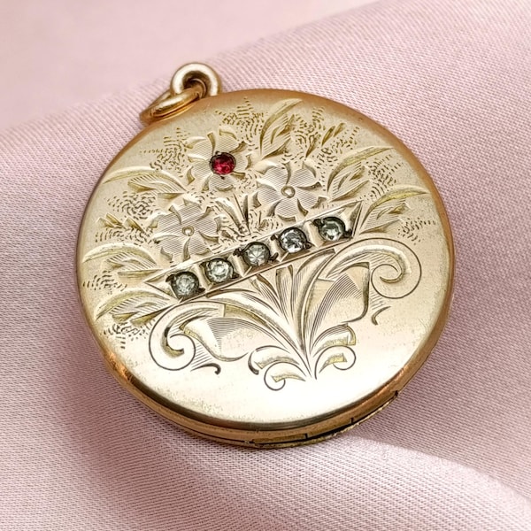 Exquisite Edwardian Gold Filled Beatrice Photo Locket Pendant Paste Engraved Floral Motif Antique RBM ATRICE 1874 Bee Mark Gift for Her