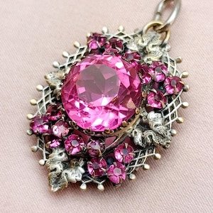 Lavish Antique Victorian Large Ruby Pink Paste Locket Pendant Silvered Openwork Filigree Reliquary Faceted Glass Idea Gift for Her 1880s