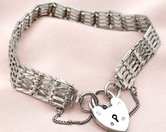 Elegant Engraved Five Bar Gate Bracelet Heart Shape Padlock Sterling Silver Vintage Charm Stacking Bracelet Valentine Love Gift for Her Idea