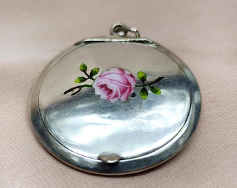 Lustrous Jugendstil Pink Rose Flower Motif Alpaca Locket Pendant Art Nouveau German Silver Pillbox  Anniversary Idea Gift for Her c 1900