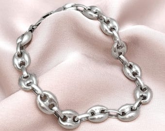 Lovely Vintage Italian 12 mm Mariner Link Sterling Silver Chain Bracelet Bulky Coffee Beans Link Ship Anchor 8.5" Chain Love Gift Her Him