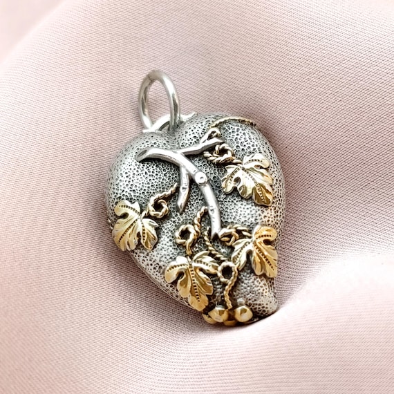 Exquisite Antique French Victorian Silver Puffy Heart Pendant Gold Grape Leaves Ex-Voto Miraculous Virgin Mary Religious Gift Idea 19th ct