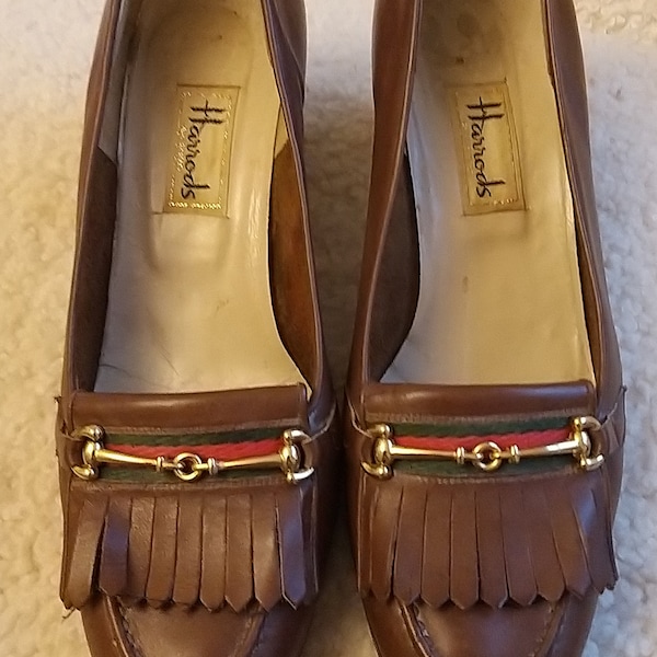 Fabulous Harrods Tan Leather Heeled Horsebit Loafers Size 40 6.5