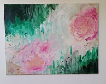 Abstraktes Acrylbild auf Leinwand, 'Pink Flowers , 80 x 60 cm, Original selbstgemacht