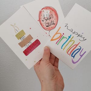 Geburtstagskarten handgemacht, Aquarell & Handlettering, 3er Pack