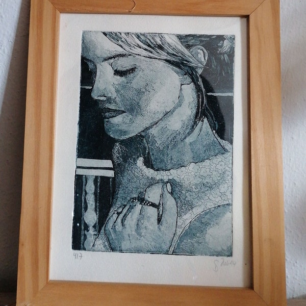 Aquatinta Radierung, schwarz weiß, Frau Portrait, ungerahmt, 18x24 cm