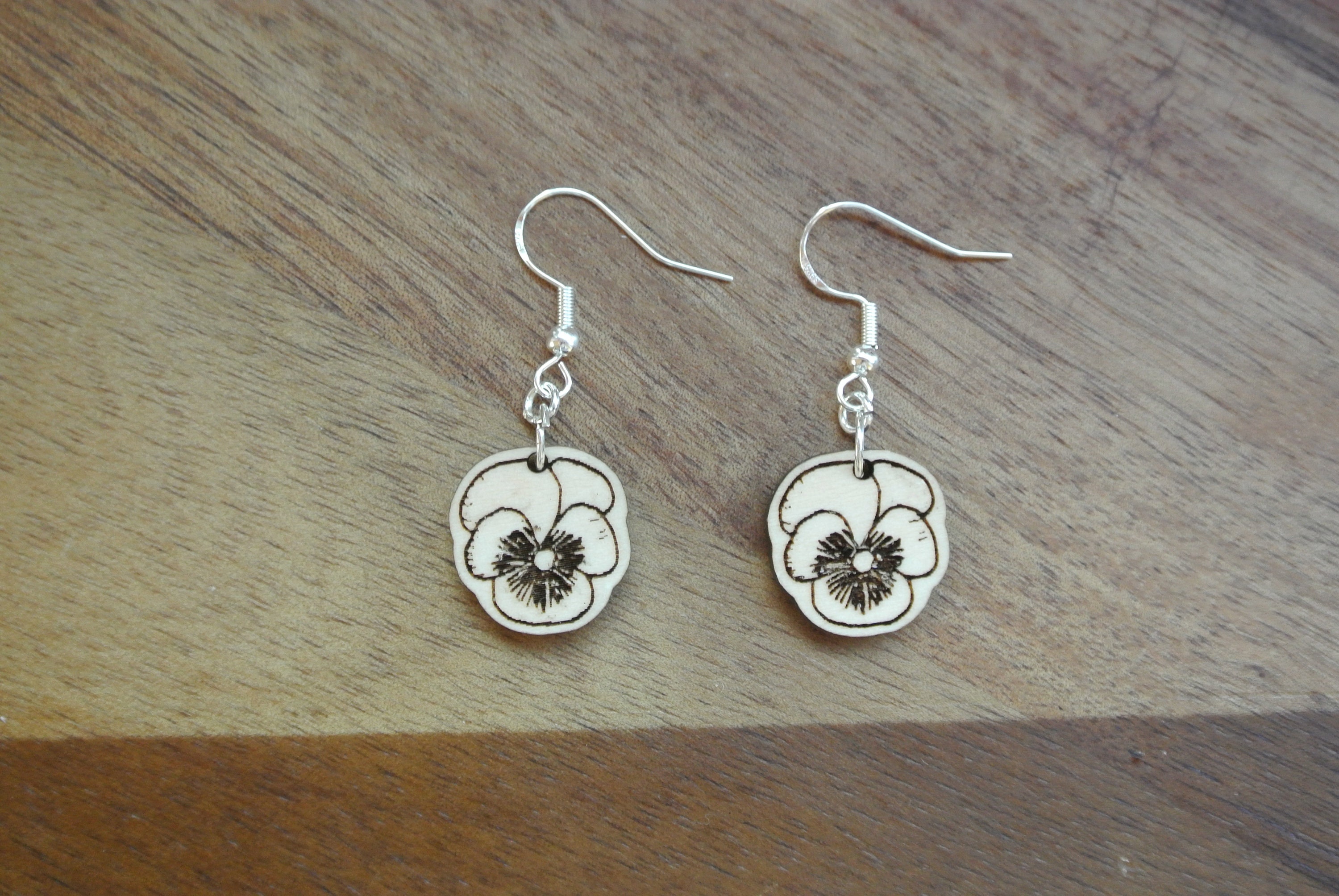 Wood Pansy Earring on Sterling Silver Hook Etsy