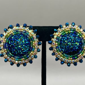 Blue and Green AB Native Beaded Statement Earrings