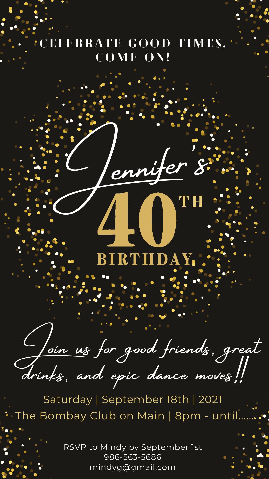 40th Birthday Party Invitation Template Golden Glitter Phone Email ...