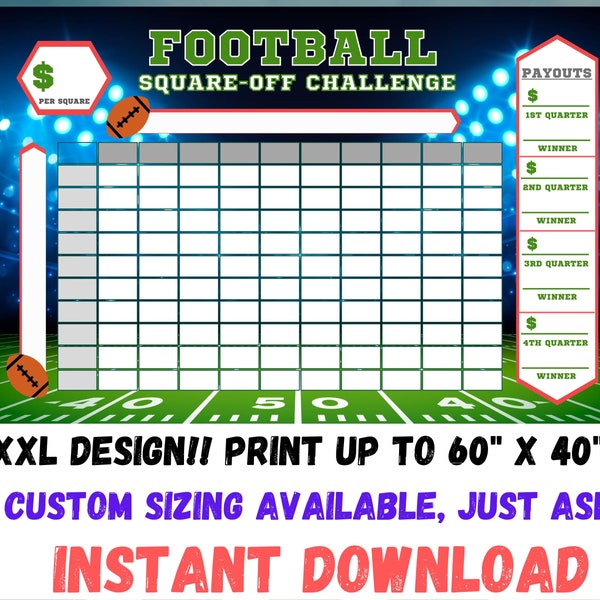 XXL 60"x40" Football and Super bowl Squares Game  XXL SIZE print up to 60" x 40" downloadable fill in any teams