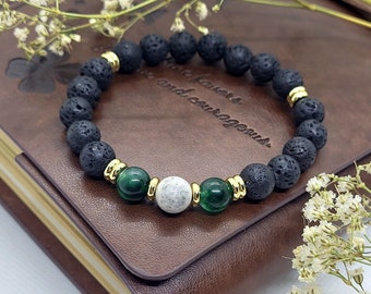 Lava stone beaded bracelet with moss agate and Picasso jasper • with 18k gold filled beads • aroma oil therapy bracelet • yoga bracelet • chakra bracelet