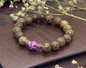 Wooden bead bracelet with natural stone/imperial purple jasper gemstone beads•energy bracelet•yoga bracelet•chakra gift•for Valentine's Day