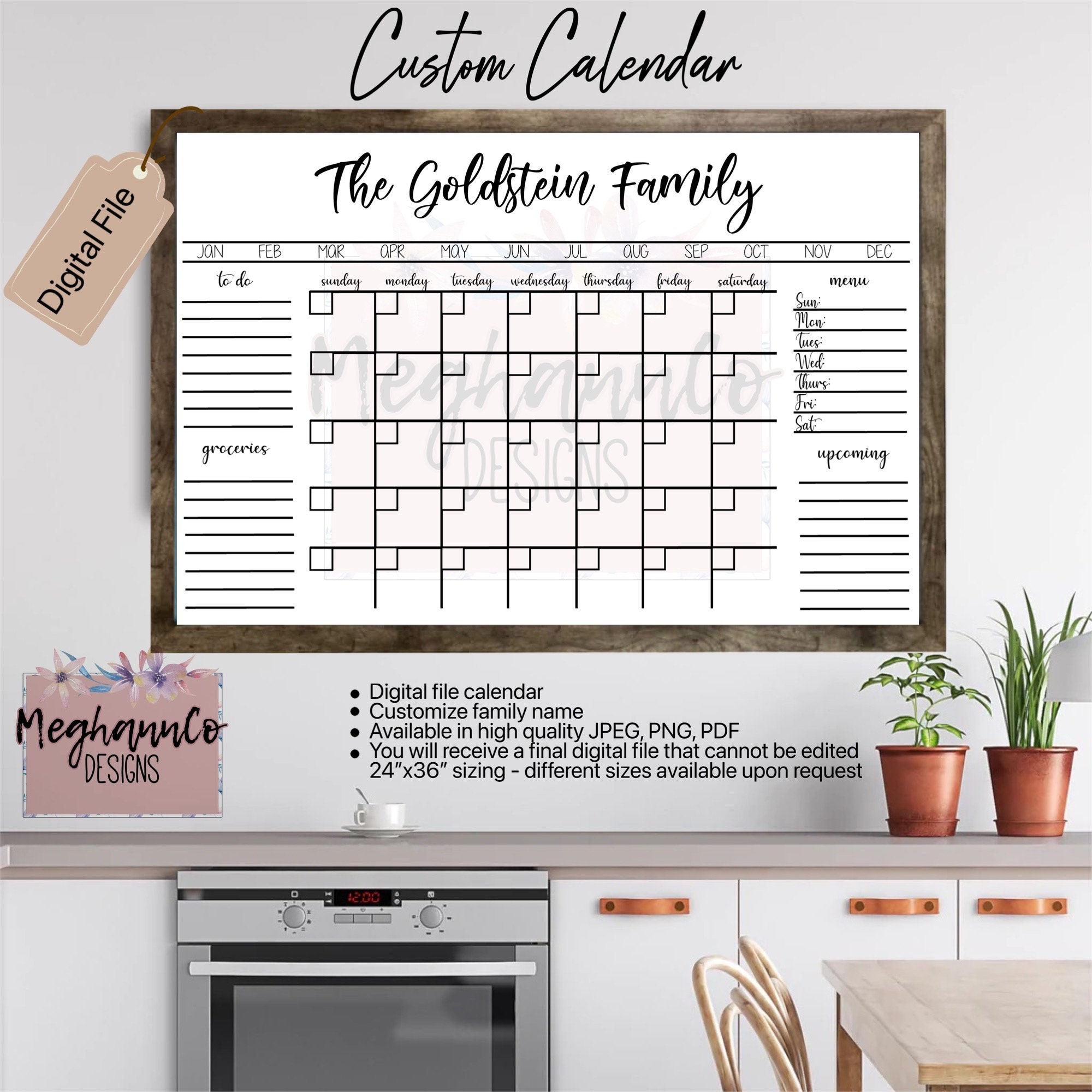 Large Whiteboard Calendar, 24x36 Dry Erase Reusable Framed Calendar,  Landscape, Custom Family Name Calendar, Cursive Hanging Calendar 3676 