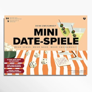 Könnte beinhalten: Eine Spielbox mit dem Text "MINI DATE-SPIELE" und Illustrationen von Cocktails, Würfeln und einem Tic-Tac-Toe-Spiel. Die Box hat einen pfirsichfarbenen Hintergrund mit weißen und orangefarbenen Streifen und enthält Text auf Deutsch.