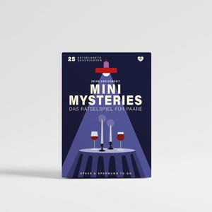 Könnte beinhalten: Eine dunkelblaue Spielschachtel mit dem Titel Mini Mysteries Das Rätselspiel für Paare. Das Cover zeigt eine grafische Illustration eines Tisches mit zwei Weingläsern und zwei Kerzen im Scheinwerferlicht, sowie den Text 25 Rätselhafte Geschichten und Spass & Spannung to go.