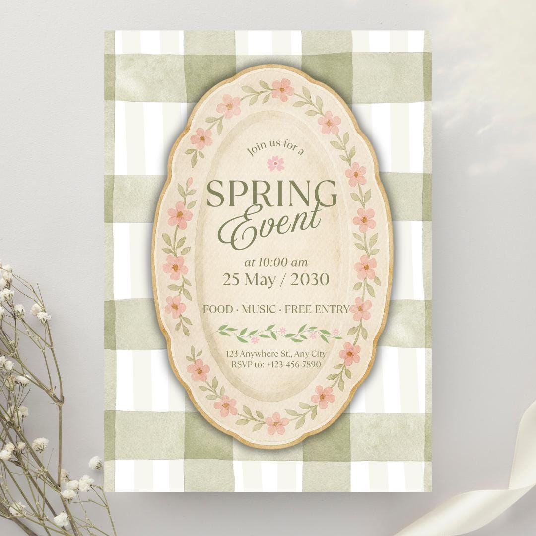Cute Spring Event Invite Spring Event Invitation | Watercolor Gingham Floral Party Invite ...