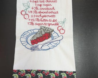 Handmade Embroidered Cotton Tea Towels – Cherry Pie, Blueberry Pie, Tea Time, My Heart Is Yours, Life Is What You Bake of It