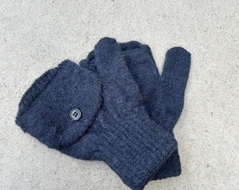 Handknit Alpaca Convertible Mittens, Fingerless Gloves, Steel Gray