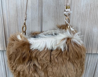 Suri Alpaca Fleece Boho Crossbody Purse,  Handmade 100% Real Alpaca Fur Bag with Adjustable Strap