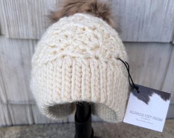 Alpaca Crochet Hat, Warm Beanie Men, White Knit Skull Cap, Winter Ski Hats, Cold Weather Gift for Women, Handmade Wool Hat, Pom Pom Beanie