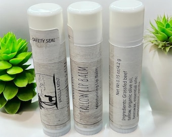 Tallow Lip Balm, Grassfed Tallow, Beef Tallow Balm, Organic Lip Balm 0.15oz, Moisturizing Lip Balm, Vanilla Lip Balm, Girly Girl Gifts