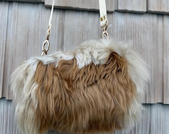 Suri Alpaca Fleece Boho Crossbody Purse, Adjustable Strap, Handmade Natural Luxury Bag
