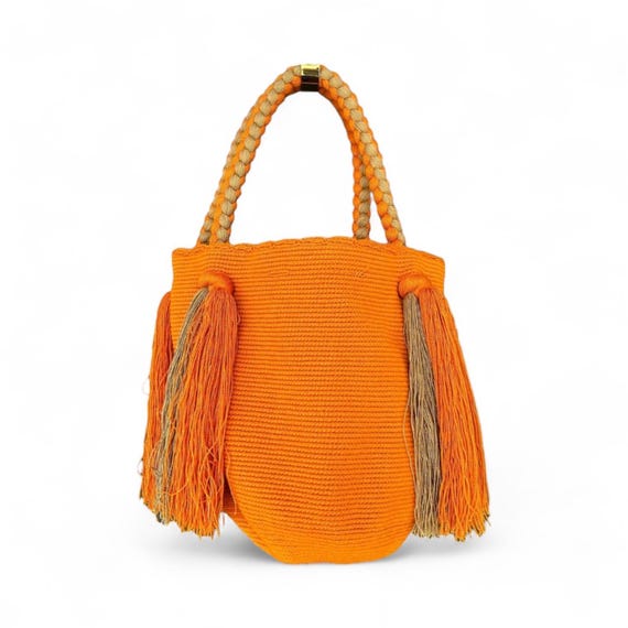 Handmade Wayuu Mochila Bag, Rust Orange Crochet Bucket, Colombian