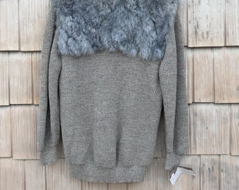Vintage Teresa Ponce Gray Solid Knit Womens Pullover Sweater Alpaca Fur Trim Medium