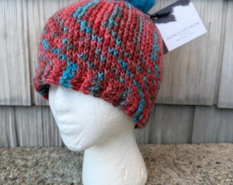 Alpaca Crochet Hat, Warm Beanie Men, Pink Knit Skull Cap, Winter Ski Hats, Cold Weather Gift for Women, Handmade Wool Hat, Pom Pom Beanie