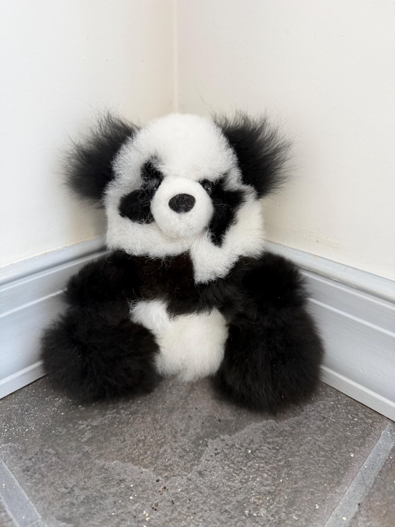 Handmade Alpaca Panda Bear Plush, Fluffy Stuffed Animal, 6"