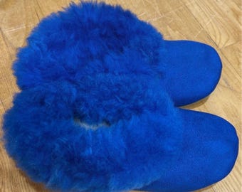 100% Alpaca Slippers Women Size 6-8, Fuzzy Alpaca House Shoes, Felted Wool Slippers, Soft Sole, Made in Peru, Alpaca Gift for Her Blue