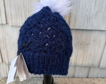 Alpaca Yarn Crochet Hat, Warm Beanie Men, Blue Knit Thick Winter Ski Hat, Cold Weather Gift for Women, Handmade Wool Hat, Pom Pom Beanie