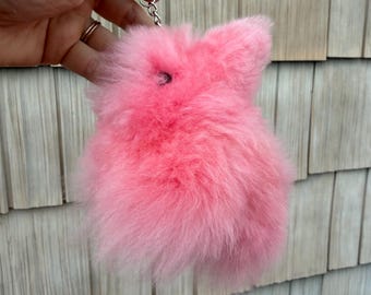 Pink Plush Bunny Keychain, 100% Real Alpaca Fleece, Handmade in Peru, Alpaca Charm, Llama Gifts, Alpaca Trinket, Gift under 10