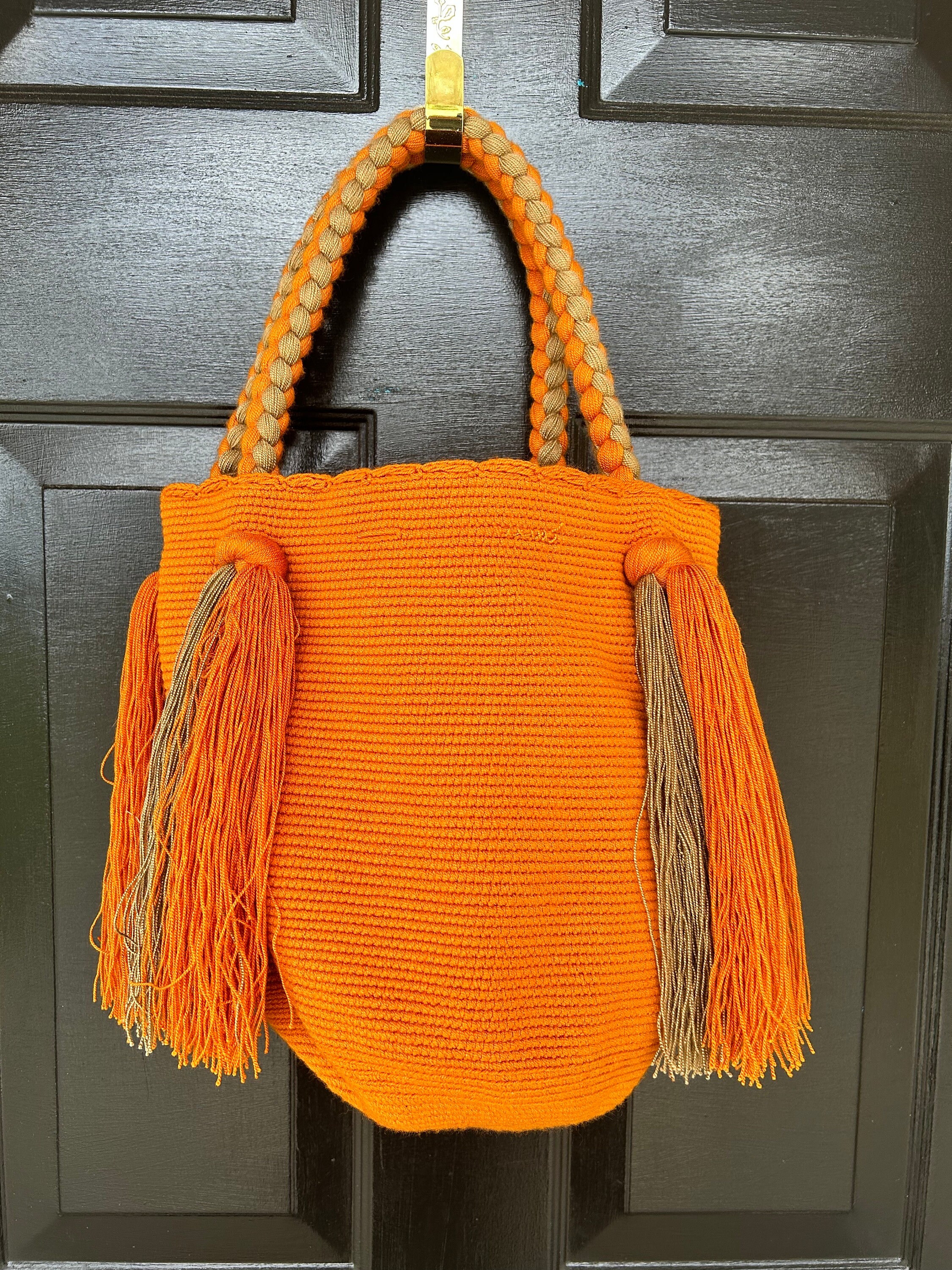 Handmade Wayuu Mochila Bag, Rust Orange Crochet Bucket, Colombian
