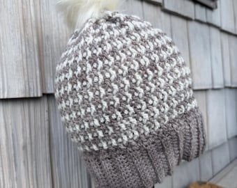 Alpaca Crochet Hat, Warm Beanie Men, Beige Knit Skull Cap, Winter Ski Hats, Cold Weather Gift for Women, Handmade Wool Hat, Pom Pom Beanie