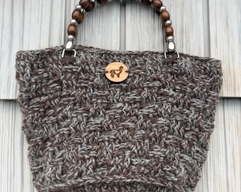 Handmade Alpaca Crochet Handbag, Farm‑Spun Alpaca Yarn Purse,  Linen Lined Bag with Wood Handles,  Rustic Fiber Tote