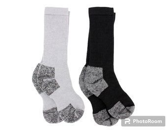 May include: Two pairs of crew socks, one black and one gray. Both pairs have a textured gray pattern on the toe and heel.