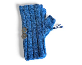 Hand Knit Alpaca Fingerless Gloves, Cable Knit, Button Gauntlets