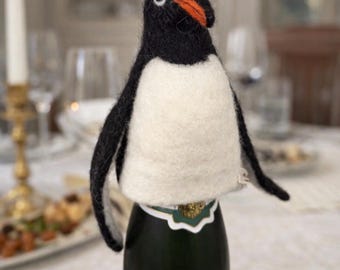 Handfelted Alpaca Penguin Wine Bottle Topper, Artisan Hostess Gift