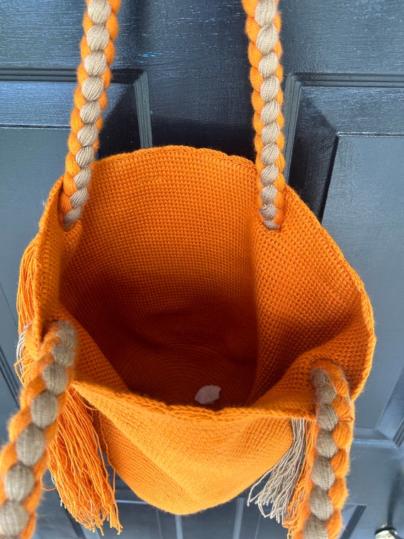 Handmade Wayuu Mochila Bag, Rust Orange Crochet Bucket, Colombian
