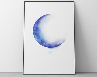 Maan Print, Aquarel Maan, Crescent Moon Art, Hemels Afdrukbaar, Instant Download, Boho, Hemelse Kwekerij, Maan fasen Schilderen