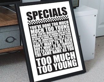 THE SPECIALS - Too Much Too Young 2-Tone Unframed A4 Poster Print Wall Art with Lyrics Song Words
