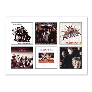 May include: A collage of six album covers by the band Madness. The covers feature different band members and album titles, including "One Step Beyond", "Absolutely", "Mad Not Mad", and "Keep Moving".