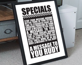 THE SPECIALS - A Message to You Rudy 2-Tone Unframed A3 Poster Print Wall Art with Lyrics Song Words